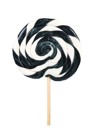 Poster featuring a black and white swirling lollipop on a stick against a plain white background.