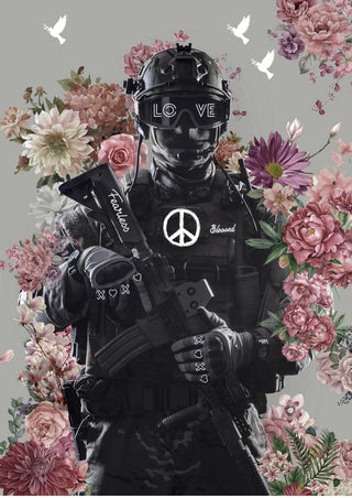 Poster of a soldier in tactical gear with peace symbols, surrounded by flowers and white doves.