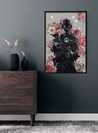 Soldier of Peace 2 poster featuring a soldier with a peace symbol, surrounded by flowers and white doves.