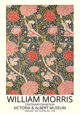 William Morris cotton print poster with floral and bird design, museum exhibition text at bottom.