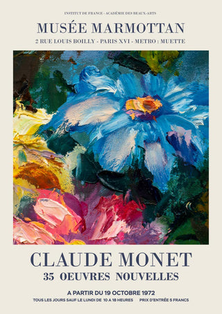 Poster featuring Claude Monet flower painting with blue, pink, and white blooms for wall art decor.