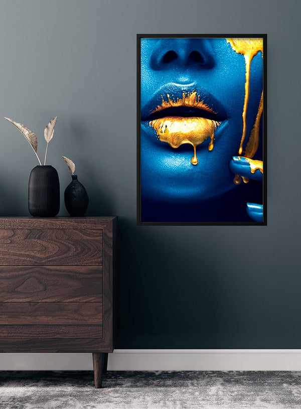Golden lips on blue skin fashion poster
