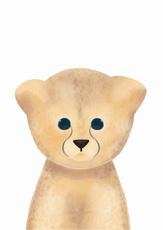 Cute illustrated leopard cub with big blue eyes on a white background, perfect for children's room decor.