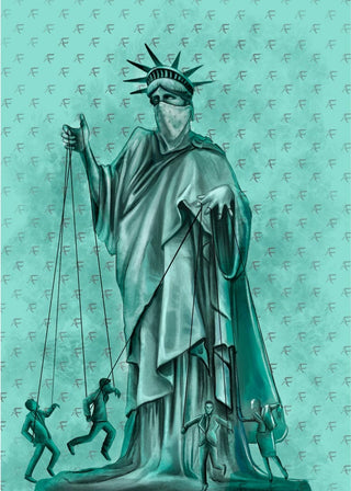 Artistic Statue of Liberty poster with marionette figures, ideal wall art for the living room.