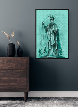 Statue of Liberty poster on a living room wall above a wooden dresser and decorative vase.
