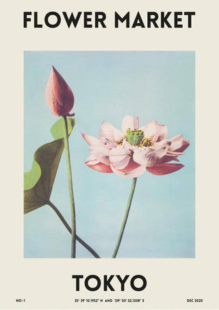Poster of a pink lotus flower and bud with "Flower Market Tokyo" text on a light background.