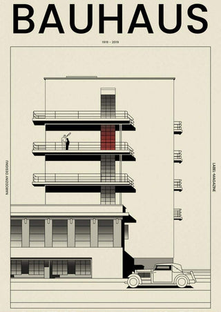 Minimalist illustration of a Bauhaus-style building with balconies and car, vintage cover poster design.