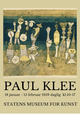 Poster for Paul Klee Exhibition 1959 featuring abstract figures and event details at Statens Museum for Kunst.