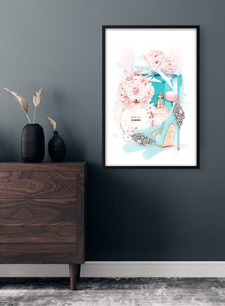 Chanel Fashion Plakat featuring perfume, high heel, flowers, and soft pastel colors in a modern room setting.