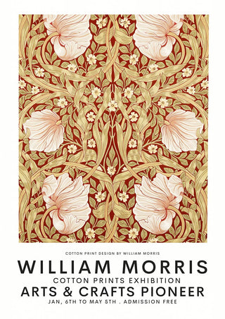 William Morris cotton print poster featuring intricate floral patterns in warm tones with exhibition details below.