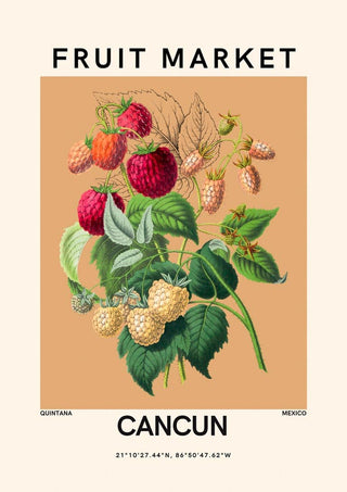 Illustration of raspberries and leaves with "Fruit Market Cancun" text on a beige background.