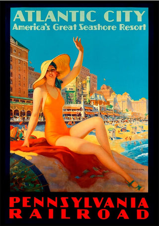 Vintage Atlantic City poster featuring a woman in an orange swimsuit at the beach, with historic hotels and boardwalk.