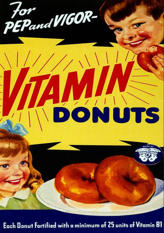 Vintage poster showing happy children eating donuts, advertising "Vitamin Donuts" with added Vitamin B1 for energy.