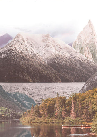 Poster featuring a serene mountain lake scene with tall peaks and dense forest reflected in the water.