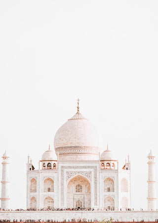 Minimalist poster of the Taj Mahal with a white background and the iconic marble dome centered.