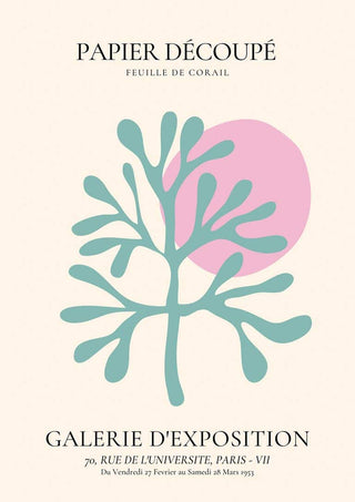 Abstract coral leaf design in teal with a pink circle, "Papier Découpé" art print for home decor.