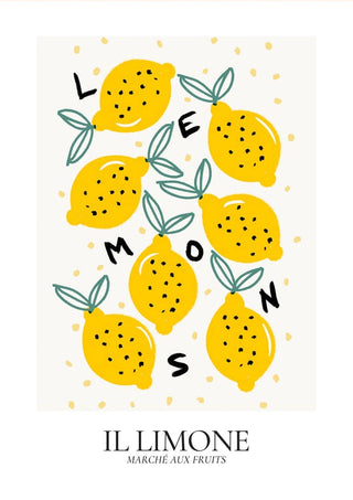 Illustrated lemons with green leaves and scattered letters spelling "LEMONS", labeled "IL LIMONE" at the bottom.