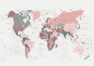 Blush Pink Verdenskort Plakat featuring a world map in shades of pink and gray on a white background.