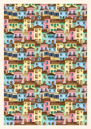 Poster of whimsical, colorful houses with varied windows and doors in pastel shades, arranged in a playful pattern.