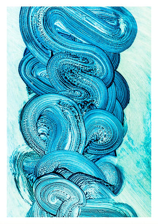 Abstract artwork featuring swirling blue brushstrokes on a light background for Blue Strokes Plakat product page.