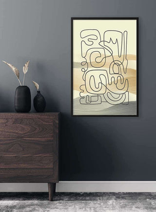 Framed Brown Waves and Black Lines Plakat hanging on a dark gray wall above a wooden dresser with vases.