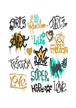 Graffiti-style text with words like "freedom," "like," and "super" in black, gold, and turquoise on white background.