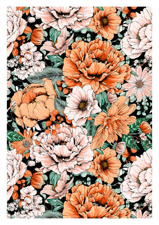 Illustration of orange and white flowers with green leaves on a dark background for Orange Flowers No. 1 Plakat.