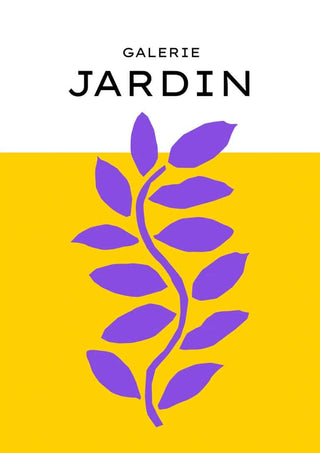 Poster with a purple leafy branch on yellow background, "Galerie Jardin" text at top.