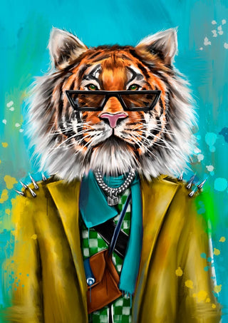 A stylish tiger in sunglasses and trendy clothes against a vibrant blue background, promoting Cool As Tiger Plakat.