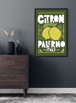 Framed Grøn Citron Plakat featuring two green lemons and "Citron Palermo Italy" text, displayed on a gray wall.