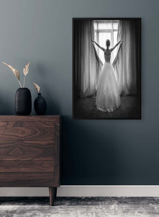 Framed photo of a woman in a gown by a window, from Girl in Paris by Boris Hristov, on a modern wall.