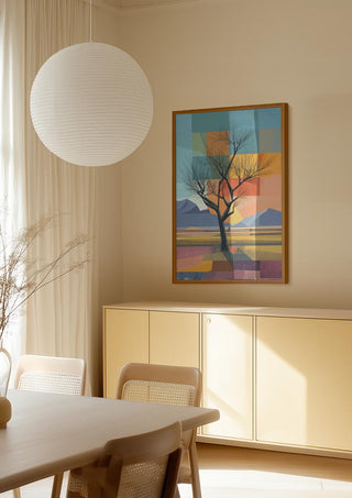 “Lonely Life - Tara Green framed artwork featuring a tree with colorful geometric background in a modern dining room.”