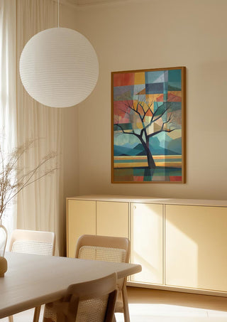 Chimes of Life - Tara Green artwork featuring an abstract tree hangs in a modern, softly lit dining room.