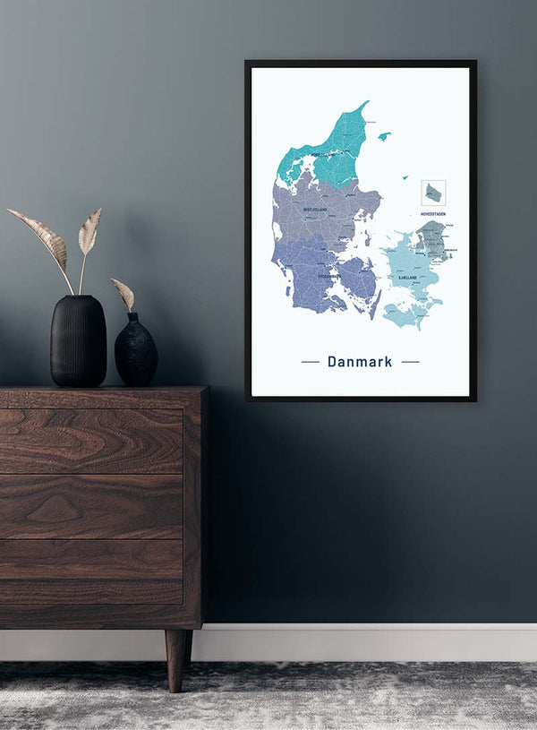 Blå Danmarkskort Poster