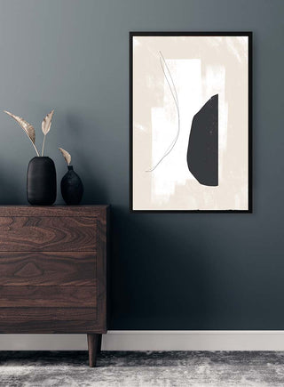 Minimalist abstract We are One - Anastasia art print in black frame, styled above wooden dresser with decor.