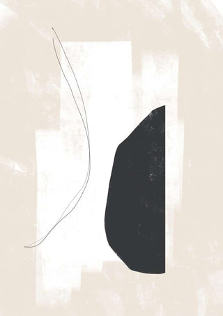 Abstract minimalist artwork with black and white geometric shapes and thin curved lines on a beige background.