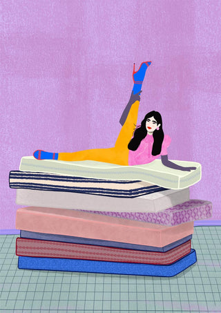Illustration of a woman raising her leg up to her head while lying on stacked mattresses.