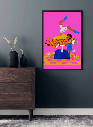 Colorful artwork "Put a tiger in your heart" by Jotadejai, featuring a person lounging on a tiger.