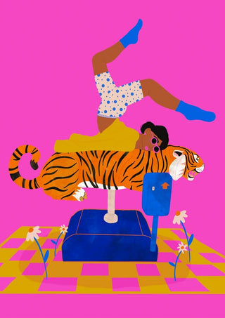 Colorful artwork for "Put a tiger in your heart" by Jotadejai, featuring a child on a tiger ride.