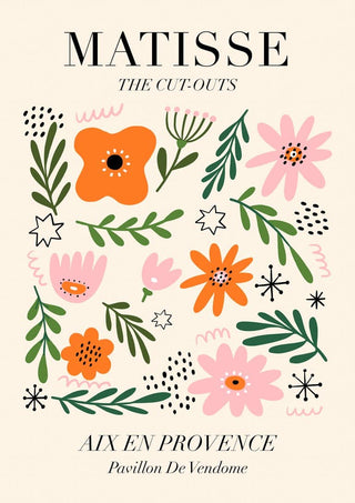 Colorful Matisse-inspired floral cut-out design with bold flowers and leaves on a cream background.