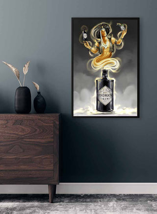 Poster of a genie emerging from a Hendrick's gin bottle, displayed on a modern room wall.