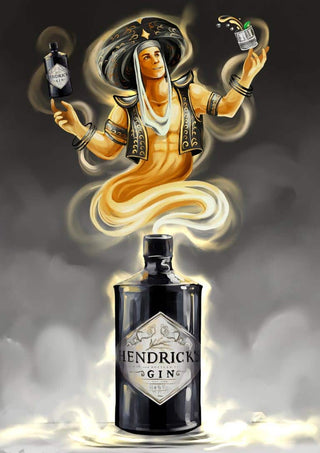 A genie emerges from a gin bottle, holding a tonic and garnish, in the Genie Hass - Danii Steinfeldt poster.