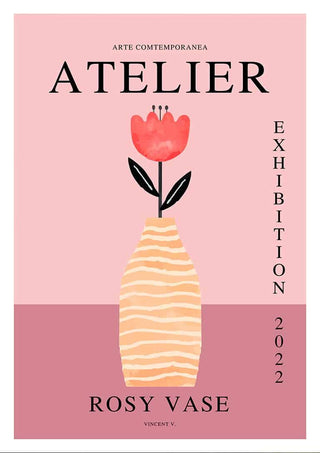 Poster for Rosy Vase by Vincent V., featuring a pink vase with a red flower on a modern pink background.