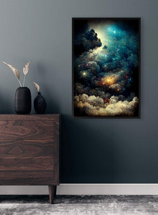 Framed "Universet" artwork by Winnie Møller on a dark wall above a wooden dresser with decorative vase.