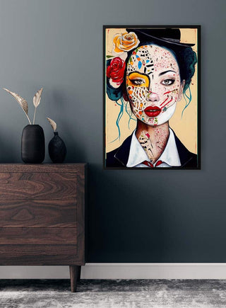 Framed "She's My Twin- Tara Green" portrait artwork hanging above a wooden dresser in a modern room.