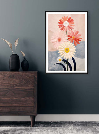 Framed Daisy Flowers- Tara Green artwork hanging above a wooden dresser in a modern room.
