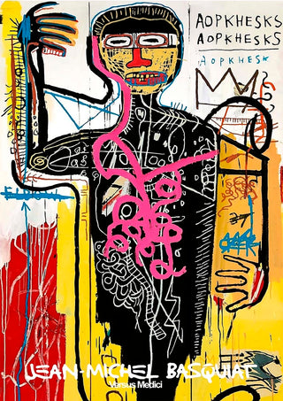 Abstract artwork "Versus Medici" by Jean Michel Basquiat, featuring vivid colors and bold, expressive lines.