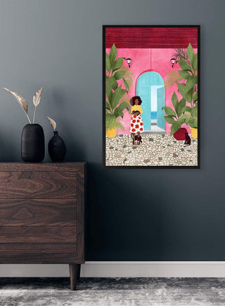 Framed Cartagena Life by Maja Tomljanovic displayed on a dark wall above a modern wooden dresser.