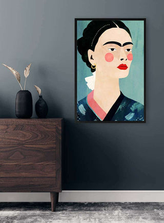 Framed "Mexican on Blue" by Henry Rivers displayed on a dark wall above a wooden dresser.