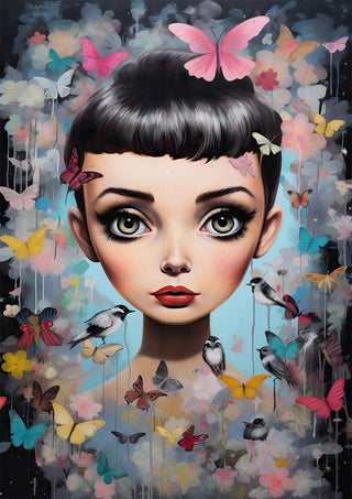 Whimsical portrait of a young girl with butterflies and birds, inspired by Audrey Hepburn, by Tara Green.